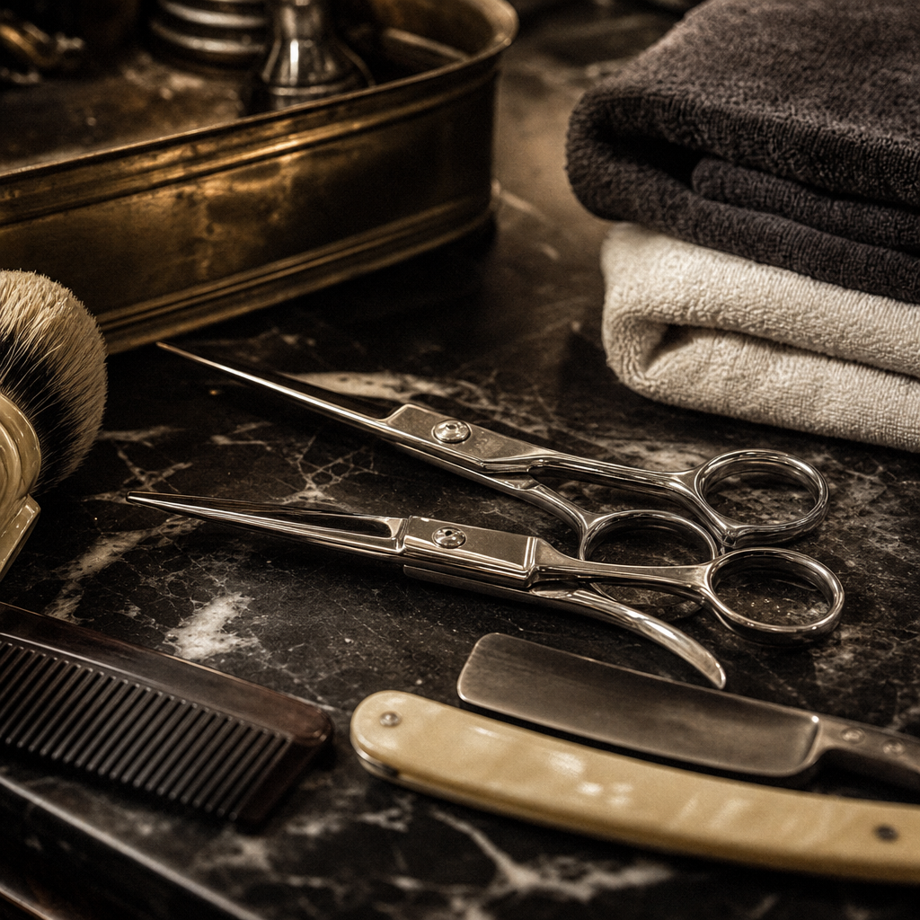 Barber tools and beauty implements arranged on a marble counter