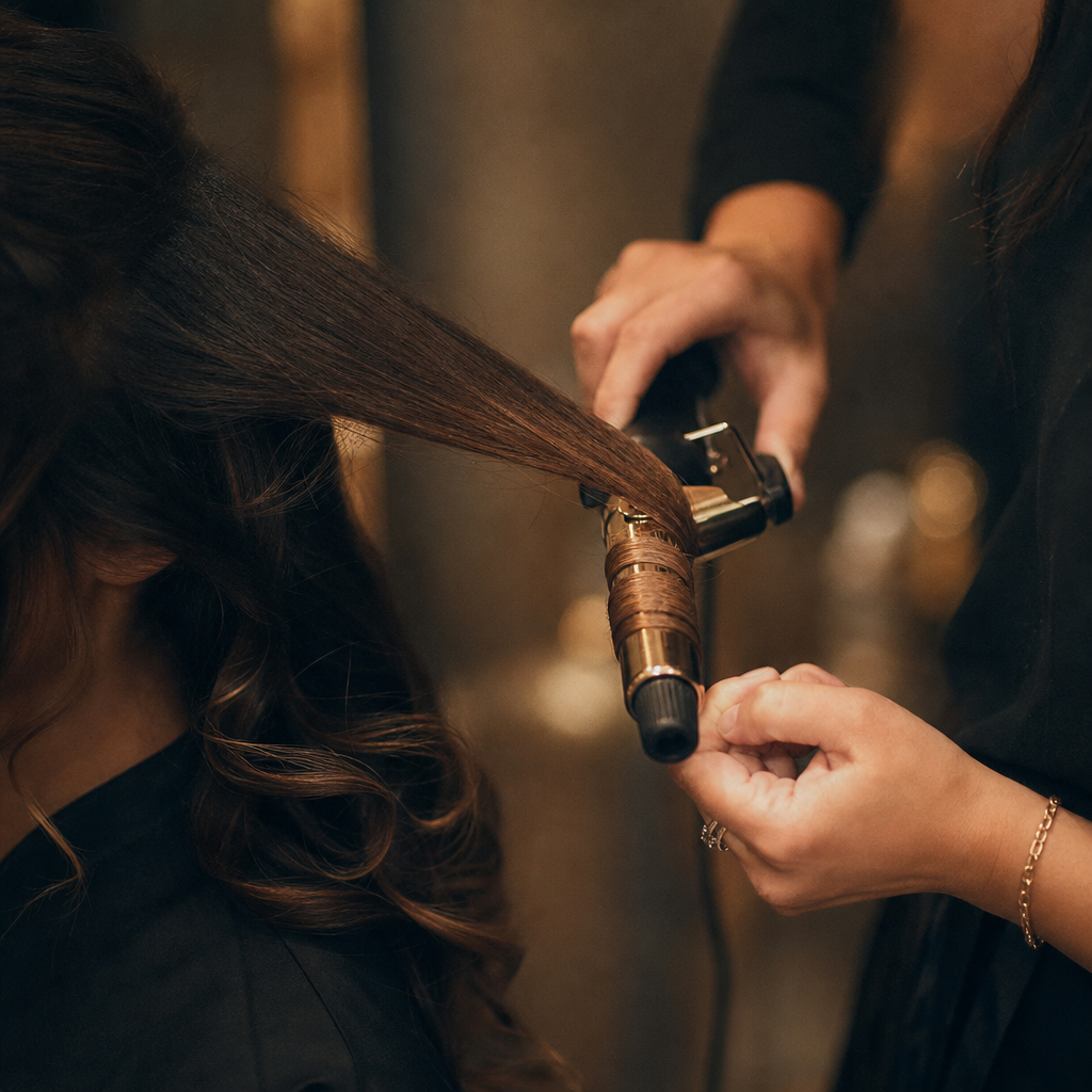 Close-up of hands styling hair with professional tools