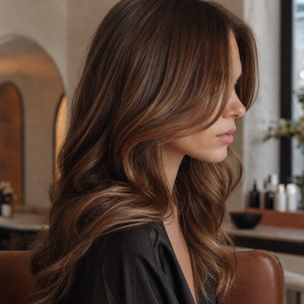 Woman with elegantly styled glossy hair in a refined beauty salon